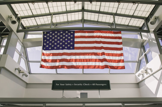 American flag at airport security checkpoint