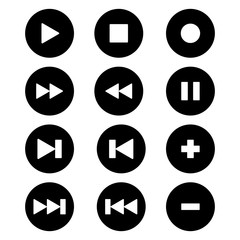 multimedia player button icon set, black and white color, isolated vector 