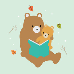 Cartoon cute brown bears mother and baby reading tale in spring background vector.