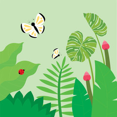 Tropical plants with beautiful butterflies and red ladybug vector.