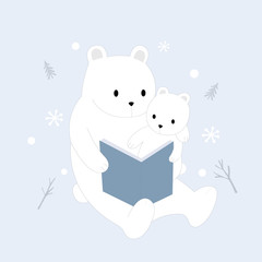 Cartoon cute white  polar bears mother and baby reading tale story  in the winner vector.