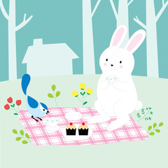 Cartoon cute white rabbit and blue bird drinking tea time in the garden vector.