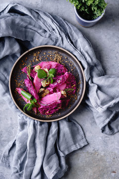 Salt baked beetroot, apple and walnut salad with laban dressing and dukkah