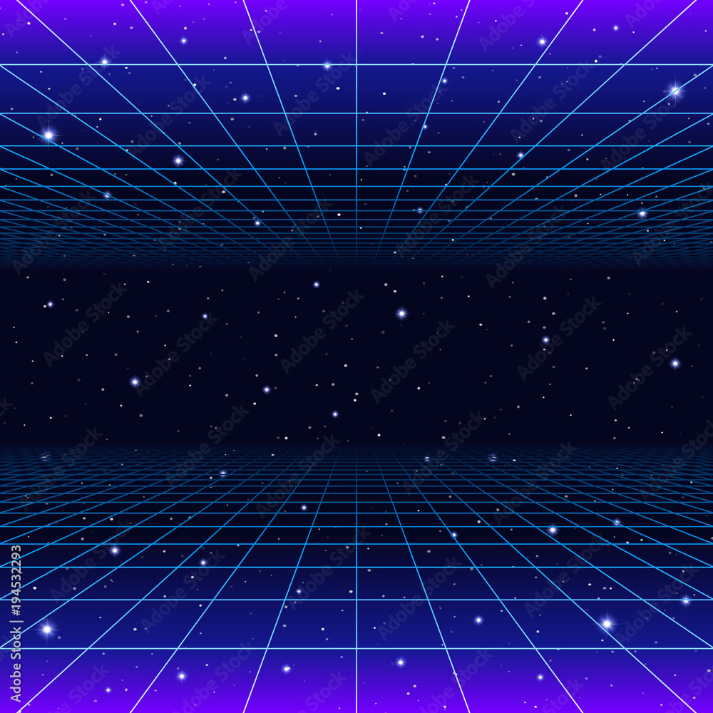 Poster retro neon background with 80s styled laser grid and stars