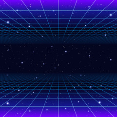 Retro neon background with 80s styled laser grid and stars - obrazy, fototapety, plakaty