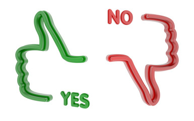 Like and Dislike icons with words YES and NO. Green and red colors. 3D render. Isolated on white.