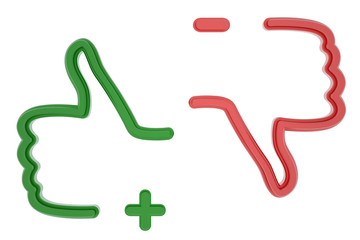 Like and Dislike icons with simbols PLUS and MINUS. Green and red colors. 3D render. Isolated on white.