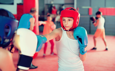 Two young boxer wearing gloves and helmet sparring
