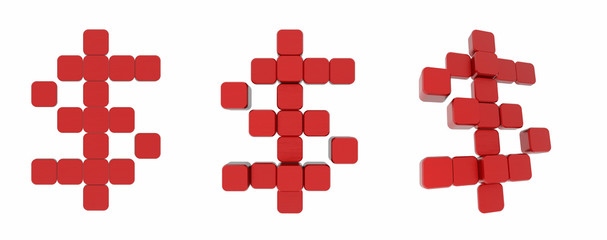 Red dollar simbol in voxel art. 3d render. Isoleted on white.