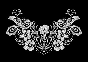 abstract white embroidery flower pattern design for the collar T-shirt , isolated vector illustration on black background