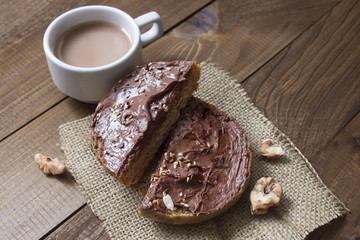 early sweet breakfast of sandwich with chocolate and fragrant hot cocoa