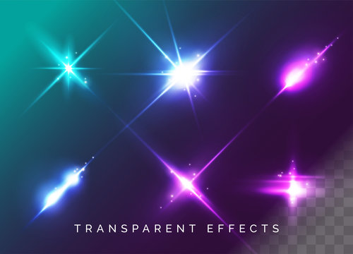 Set of Transparent Light Effects. Vector Neon Flare. Futuristic Glow Effect for Button, Game Interface Design. Energy Universe Aura, Vibrant Radiance, Disco Glare, Space Explosion, Illuminated Stage.