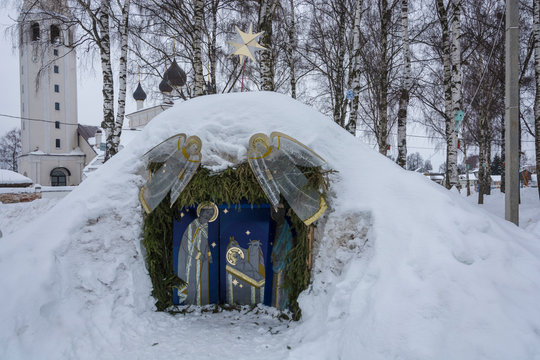 The manger of Christ on the celebration of Christmas in the village of Vyatka, Yaroslavl region, Russia.