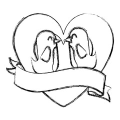 lovely couple birds inside heart ribbon decoration vector illustration sketch image