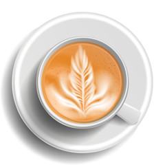 Coffee Cup Vector. Top View. Hot Cappuchino Coffee. Milk, Espresso. Fast Food Cup Beverage. White Mug. Realistic Isolated Illustration
