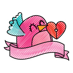 cute bird and message shape heart ribbon decoration vector illustration drawing image