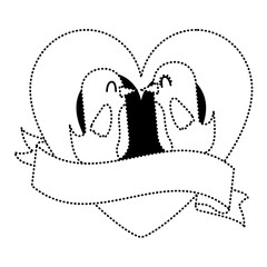 lovely couple birds inside heart ribbon decoration vector illustration dotted line