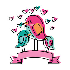 cute little birds in the ribbon hearts love vector illustration
