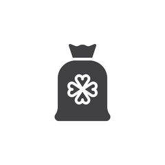 Money bag with clover vector icon. filled flat sign for mobile concept and web design. Saint Patrick's day simple solid icon. Symbol, logo illustration. Pixel perfect vector graphics