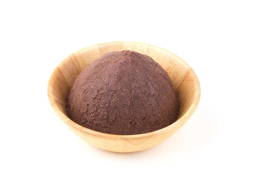 Shrimp Paste in wooden bowl on white background.