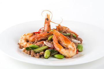 Stir-Fried Twisted Cluster Bean with Shrimps/Bitter Bean on white background.