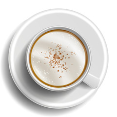 Coffee Cup Vector. Top View. Hot Latte Coffee. Milk, Espresso. Whipped Fast Food Cup Beverage. White Mug. Realistic Isolated Illustration
