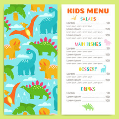 Children's menu with dinosaurs. Design vector template.