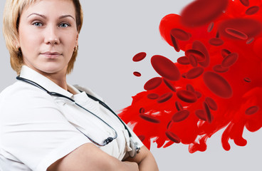 Woman doctor with erythrocytes in blood.