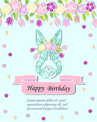 Bunny Head with floral wreath isolated on background. Rabbit head as Baby shower & Easter logo, pet shop, badge. Template for Baby Birthday, Easter Day, party invitation, greeting card, baby shower.