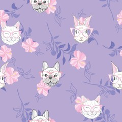 Obraz premium Funny girlish seamless pattern with cute kitty, dog, rabbit, faces.
