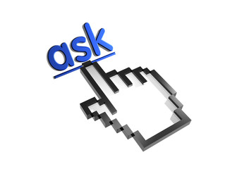 Fototapeta premium Ask. Stylized hand pointer on link. 3D render. Isolated on white.