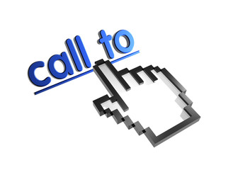 Call to. Stylized hand pointer on link. 3D render. Isolated on white.