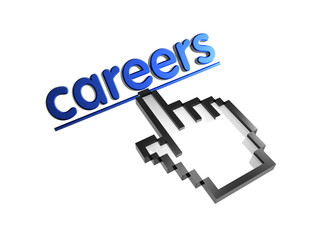 Careers. Stylized hand pointer on link. 3D render. Isolated on white.