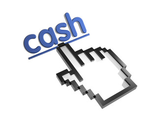 Cash. Stylized hand pointer on link. 3D render. Isolated on white.