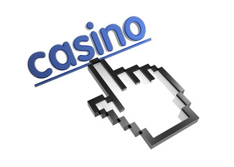Casino. Stylized hand pointer on link. 3D render. Isolated on white.