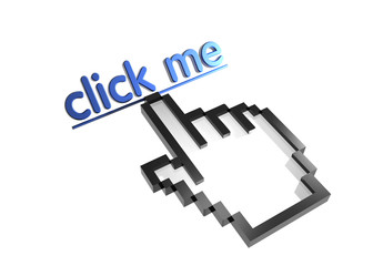 Obraz premium Click me. Stylized hand pointer on link. 3D render. Isolated on white.