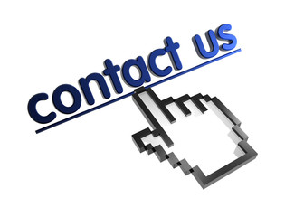 Contact us. Stylized hand pointer on link. 3D render. Isolated on white.