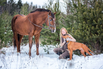 Happy young lady with a horse and pointer dog in winter forest

