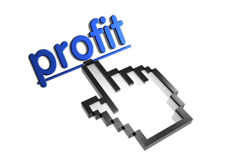 Profit. Stylized hand pointer on link. 3D render. Isolated on white.