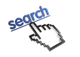 Search. Stylized hand pointer on link. 3D render. Isolated on white.