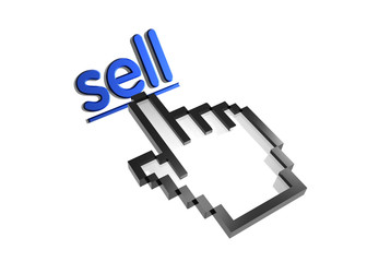 Sell. Stylized hand pointer on link. 3D render. Isolated on white.