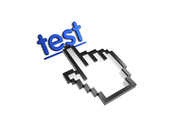 Test. Stylized hand pointer on link. 3D render. Isolated on white.