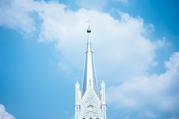 Beautiful blue sky and cloud with Nativity of Our Lady Cathedral at sunny day, Samut Songkhram...