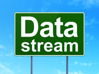 Information concept: Data Stream on green road highway sign, clear blue sky background, 3D rendering