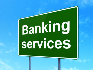 Banking concept: Banking Services on green road highway sign, clear blue sky background, 3D rendering
