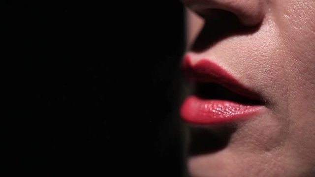Sexy  adult woman smoker face with red lips and smoke . Extreme close up
