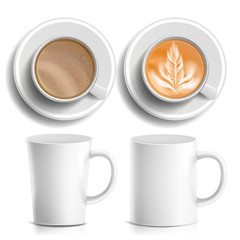 Coffee Cups Vector. Top, Side View. Different Types. Coffee Menu. Hot Coffee. Fast Food Cup Beverage. Breakfast And Caffeine. White Mug. Realistic Isolated Illustration