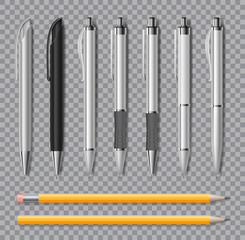 Set of Realistic office pens and pencil isolated on transparent background. Office stationery Blank white and black pen. Vector illustration