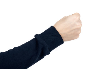 Female hand shows fist gesture and sign. Isolated on white background. Dark blue pullover