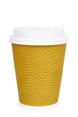 Take out coffee in thermo cup. Isolated on a white background. Disposable container, hot beverage